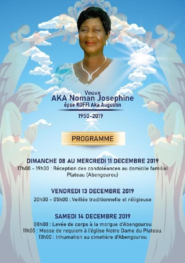 Côte d’Ivoire, nécrologie : programme des obsèques de AKA Noman Joséphine (communiqué)